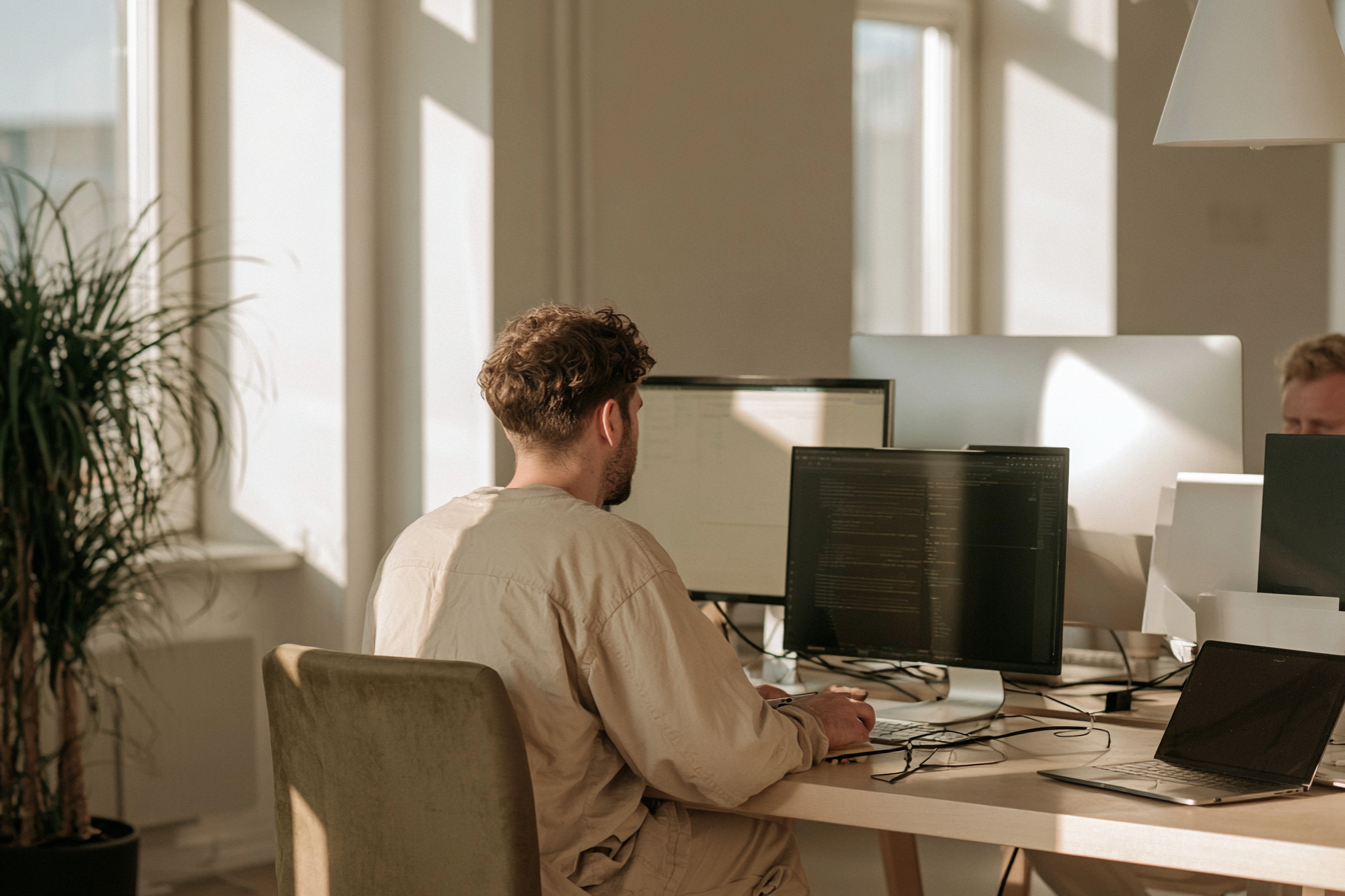 Tech-Fachkraft arbeitet konzentriert am Laptop in einem modernen Büro.