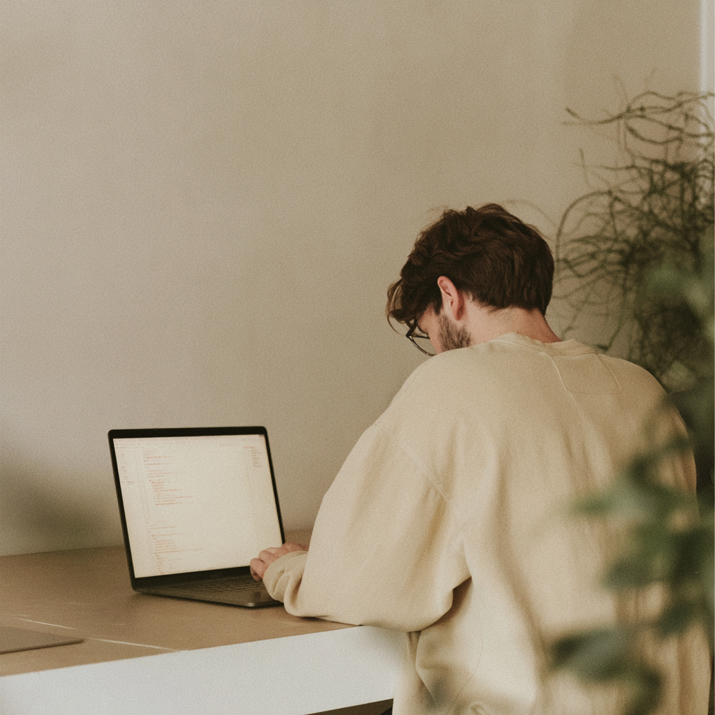 Person im cremefarbenen Pullover arbeitet an einem Laptop vor einer minimalistischen Wand mit Pflanze.