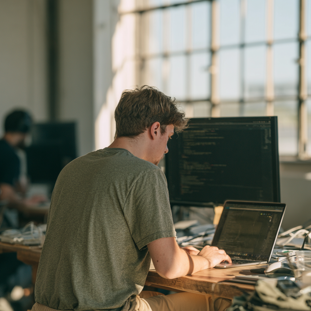 Person im olivfarbenen T-Shirt programmiert am Laptop mit externem Monitor in einem hellen Industrie-Büro.