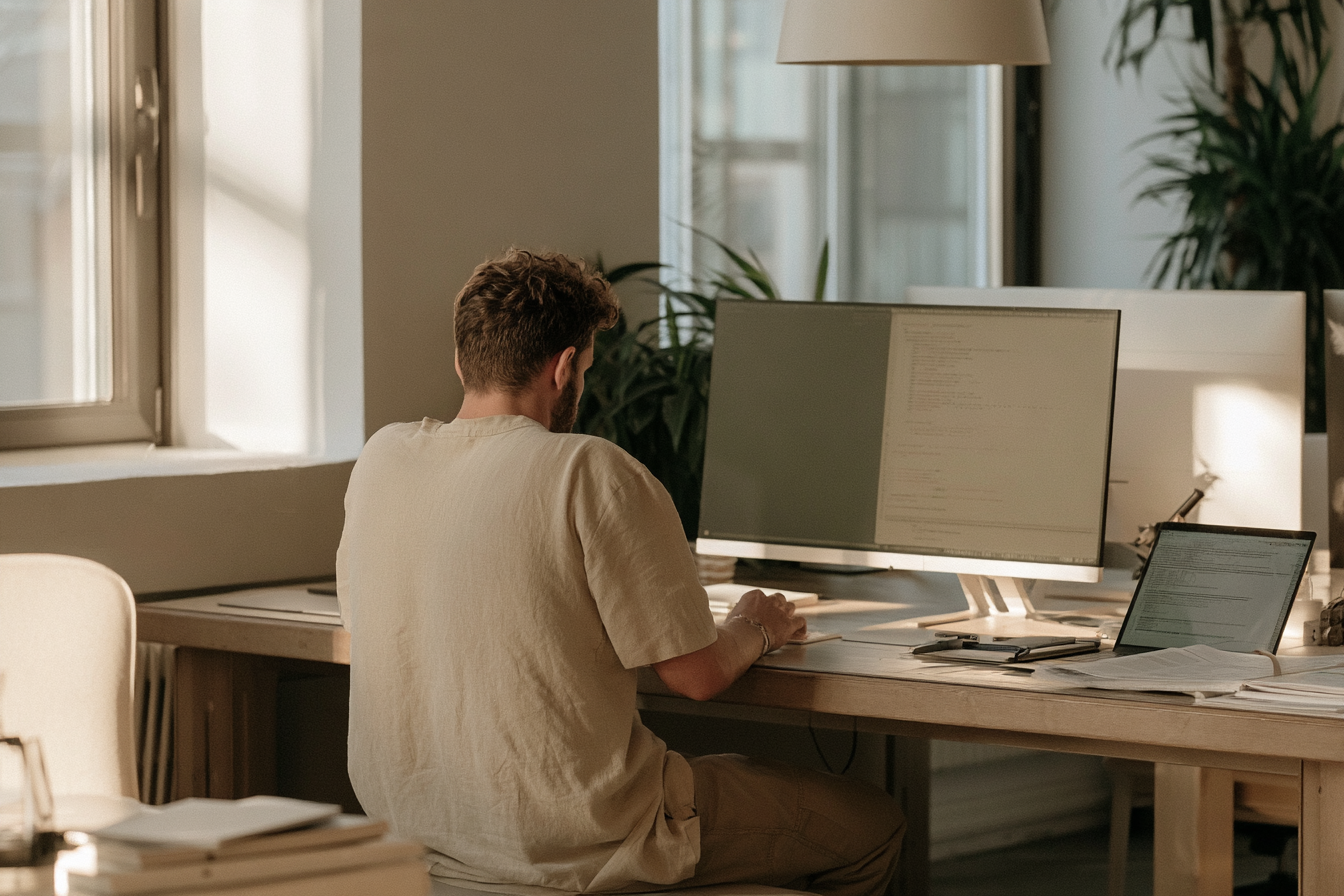 Person arbeitet an einem großen Monitor mit Code und einem Laptop in einem sonnendurchfluteten Büro.